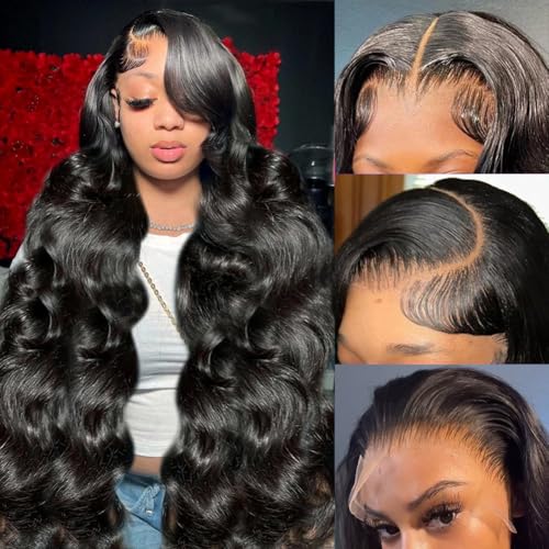 Yamikk 13x6 Body Wave Lace Front Wigs Human Hair Pre Plucked Pre Bleached 180 Density Soft Human Hair Wigs For Women 28 Inch HD Lace Frontal Wig With Baby Hair