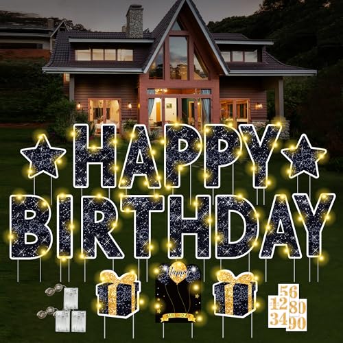 ComboJoy Happy Birthday Yard Sign with Stakes - 18 Pcs Waterproof Birthday Sign, 3 Pcs LED Lights, Personalized Age Sign, 16 Inch Lawn Party Decoration