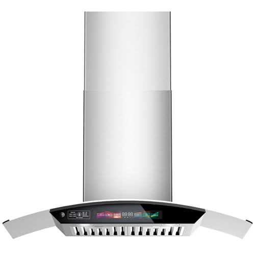 30 inch Wall Mount Range Hood Tempered Glass 900 CFM, Voice/Gesture/Touch Control, Stainless Steel Kitchen Hood Vent with 4 Speed Exhaust Fan, Adjustable Lights, Memory Mode