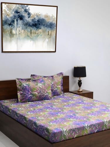 Bombay Dyeing Queen Sheet Set, 100% Pure Cotton, 120 Thread Count, Queen Size Bedsheet with 2 Pillow Covers, Super Soft, Epigram Bedsheets Collection (Violet)