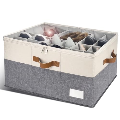 RONCHIL Shoe Organizer for Closet, Foldable Shoe Storage Bins with Clear Cover, Space Saving Shoes Holder with 4 Handles, Large Adjustable Shoe Box Storage Containers, Fits 8-16 Pairs