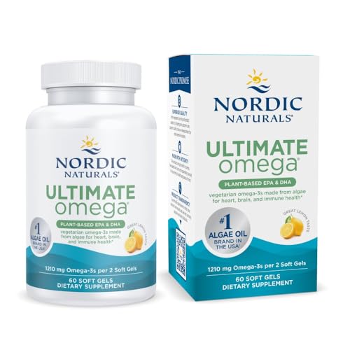 Nordic Naturals Plant Based Ultimate Omega, Lemon Flavor - 60 Vegetarian Soft Gels - 1210 mg Omega-3 - Vegan EPA and DHA - Supplement Made from Algae - Brain & Heart Support - Non-GMO - 30 Servings