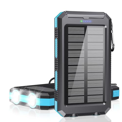 jskei Solar Charger Power Bank - 36800mAh Type-C 5V3.1A Fast Charging. Equipped with a Powerful Flashlight, Compass, IP65 Outdoor Waterproof Portable Power Bank (Blue)