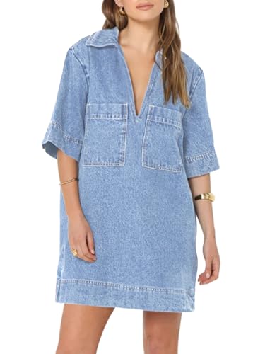 Fisoew Womens Denim Shirt Dress Summer Collared V Neck Mini Casual Jean Dresses with Pockets