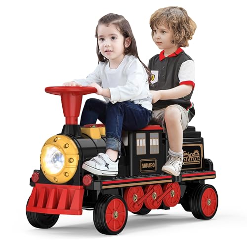ANPABO 2-Seater Ride On Train Trackless, 12V Ride On Toy with Height-Adjustable Seat, Extra Storage, Headlight, Train Whistle & Music, Electric Car for Kids 3+ (Carriage Not Included)