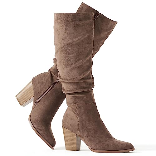 Putu Women's Pointed Toe Knee High Boots Faux Suede Slouch Boots with Chunky Heel
