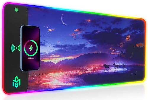 GIM Wireless Charging RGB Gaming Mouse Pad 15W, LED Mouse Mat 800x300x4MM, 10 Light Modes Extra Large Mousepad Non-Slip Rubber Base Computer Keyboard Mat for Gaming, MacBook, PC, Laptop, Desk