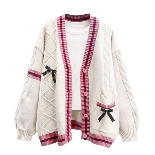 FindThy Women’s Kawaii JK School Uniform Cardigans Long Sleeve Button Up Cardigan with Pinned Bowknot