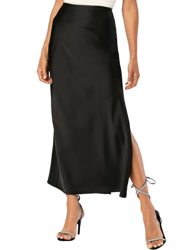 Skrtimory Womens Satin Silk Maxi Slit Skirt Elastic Waistband Maxi Long Satin Slit Skirts for Women