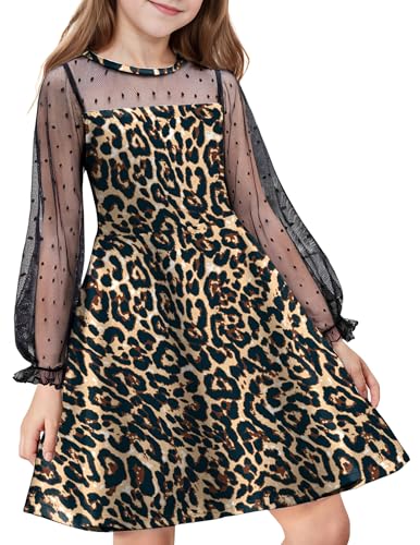 Flypigs Girl's Dress Sheer Mesh Puff Long Sleeve High Waist Party Dresses with Pockets for 6-13 Years