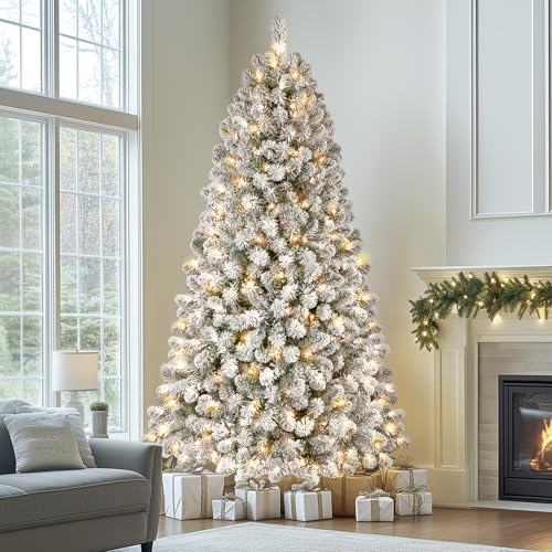 SHareconn 7.5ft Prelit Snow Flocked Artificial Holiday Christmas Tree with 350 Warm White Lights, Foldable Stand, Full Snow Branch Tips for Home, Office, Party Decoration, 7.5 FT, White