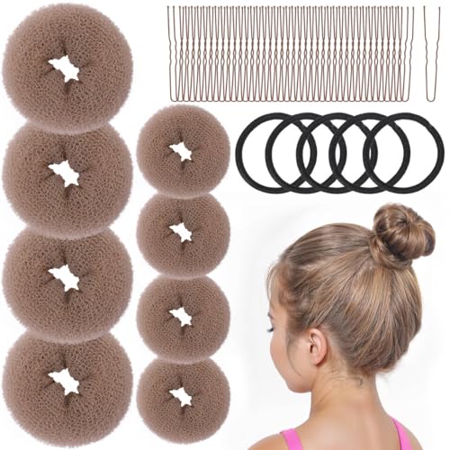 FANDAMEI Hair Bun Maker Set for Kids - 4 Donut Bun Makers, 4 Extra Small Bun Pieces, Ballet Buns with Elastic Ties and Pins