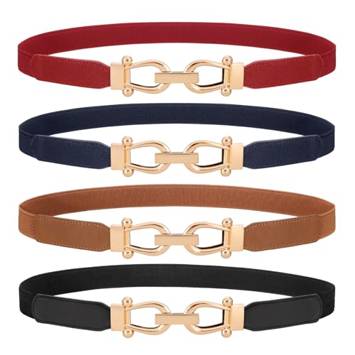 WERFORU 4 Pack Women Skinny Elastic Waist Belt Gold Buckle Stretchy Thin Belt for Jeans Dress