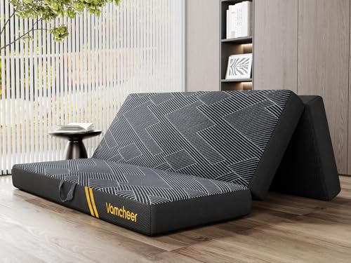 Vamcheer Tri Folding Mattress, 6 inch Queen Foldable Mattress, Tri-fold Memory Foam Mat with a Collapsible and Washable Cover, Handle & Non-Slip Bottom, for Travel/Guest, 78"x58"x6", Grey