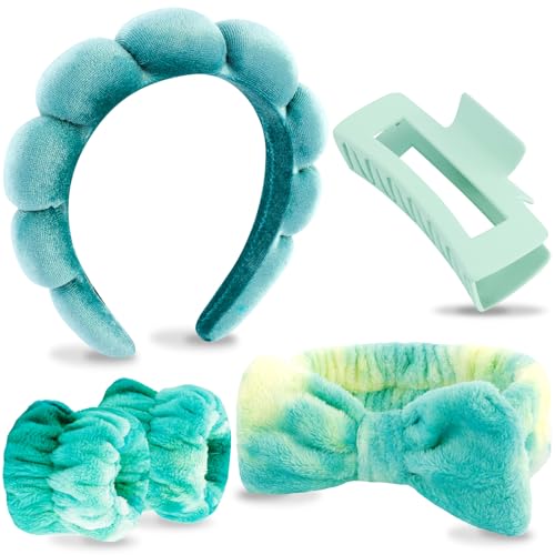 VELSCRUN Spa Headbands for Wash Face, Makeup Headband, Facial Skincare Headbands, 5 Pcs Puffy Sponge Spa Headband Bow Tie Hair Band Hair Clips Wristband Set Women Girls Accessories