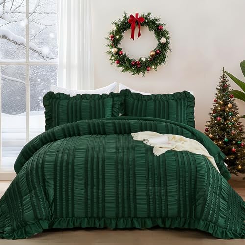 WONGS BEDDING Seersucker Comforter Set,3 Pieces Ruffle Shabby Chic Comforter for Bed,Soft Microfiber Bedding Set with 1 Ruffle Comforter,2 Tufted Pillowcases