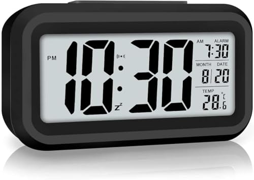 Alarm clock, digital clock, table clock for Students, watch timer for study, Home, Office, Bedroom, kitchen, loud desk alarm clocks for heavy sleepers with Automatic Sensor, Time, Date & Temperature