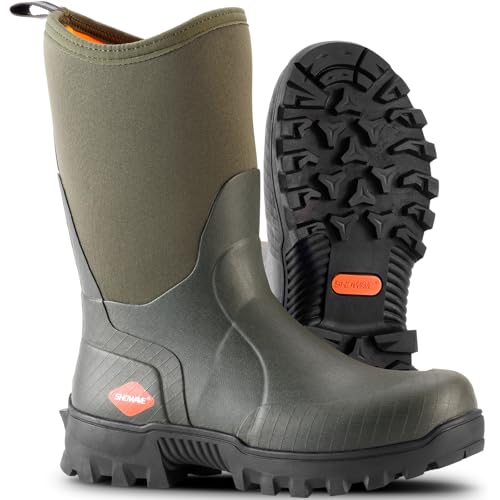 Showave Men's Mid Calf Rubber Work Boots Waterproof Rain Boot Insulated Mud Boots with Comfortable Sports Soles