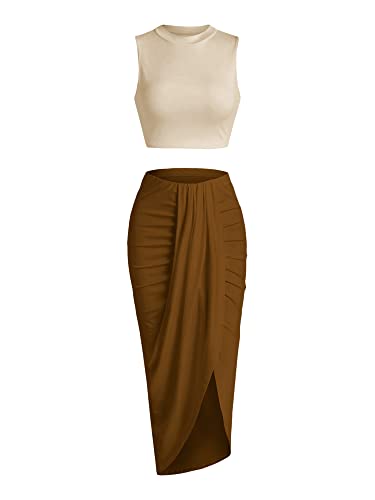 ZAFUL Women's Casual Sleeveless Summer Two Piece Outfits Crop Top and Side Split Draped Ruched Maxi Skirt Set Solid Suiting