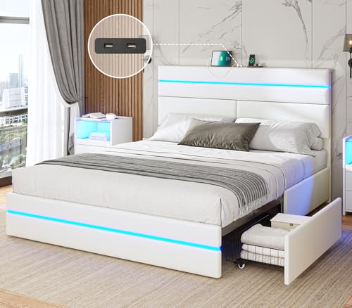 AOGLLATI Queen Bed Frame with Headboard, Leather Bed Frame with Storage Drawers and Charging Station, LED Bed Frame Queen Size with Double Led Lights, No Box Spring Needed, Black