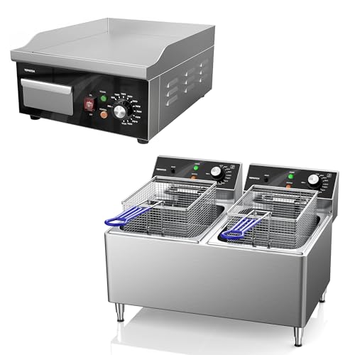TOPKITCH 12LX2 Dual Tank Commercial Deep Fryer with 2 basket, 6600W 240V & 14 Inch Electric Griddle 120V 1800W Stainless Steel, Temperature Control for Home Kitchen and Restaurant Use