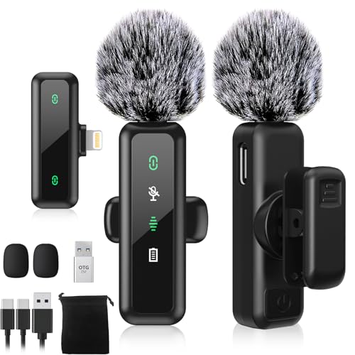 Wireless Lavalier Microphone for iPhone 5-14 Series, LED Display Mini Lav for iPhone with Noise Cancelling, Lapel Mic Wireless 2 pack for Content Creator Video Recording, Vlogging (Lightning Only)