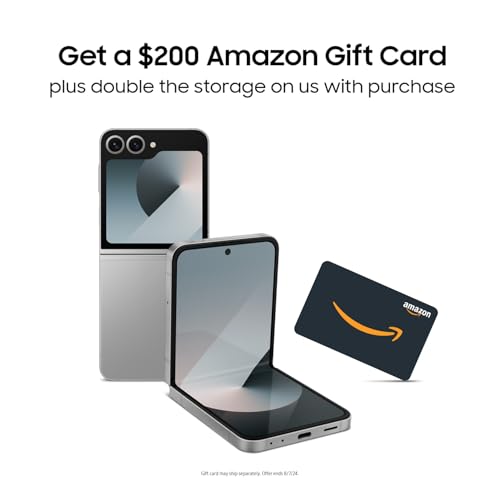 SAMSUNG Galaxy Z Flip 6 AI Cell Phone + $200 Amazon Gift Card + Large Storage Launch Bundle, 512GB Unlocked Android Smartphone, FlexCam Camera, Photo Assist, Camcorder Mode, US Version, 2024, Silver