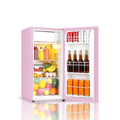 Seaoola Mini Fridge with Freezer, Single Door, Compact Mini Refrigerator, LED Light, Adjustable Thermostat, Removable Glass Shelves, Small Refrigerator for Dorm/Office/Bedroom