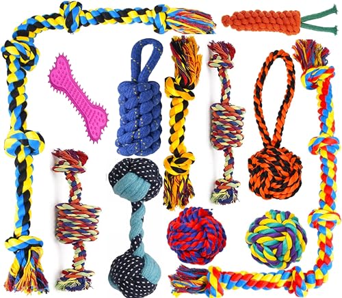 Agirav Dog and Puppy Toy Set - Chew, Teething, Rope, and Tug Toys for Small to Medium Dogs - Washable Cotton Pack of 12