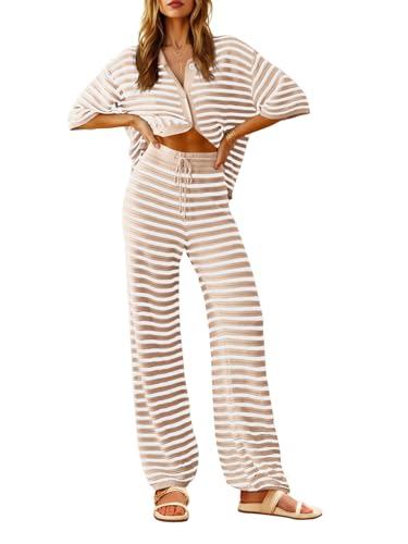 Tankaneo Womens Knit 2 Piece Lounge Sets Striped Short Sleeve Tops and Wide Leg Pants Travel Airport Vacation Outfits