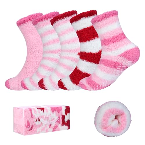 Bulinlulu Fuzzy Socks with Grips for Women 5-Pairs Non Slip Sleep Warm Fluffy Slipper Socks with Grippers for Women