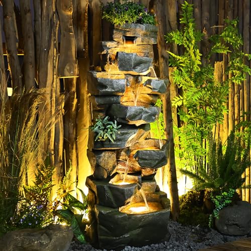 58Inch Outdoor Garden Water Fountain 6 Tiers Large Cascading Rock Natural Waterfall Outdoor Fountain with LED Lights for Patio Porch Backyard Home Art Decor