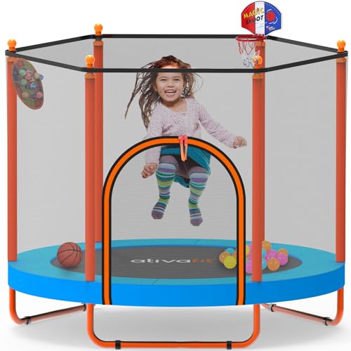 Ativafit 60'' Rebounder Trampoline Indoor Outdoor for Kids Ages 1-8, 5 FT Recreational Toddler Trampoline with Safety Enclosure Net Gifts with Basketball Hoop Dartboard Ocean Bal