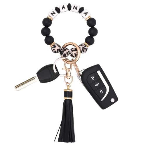 BAOSIWA Silicone Beaded Bracelet Keychain Wristlet Key Ring Bangle Chains for Women with Leather Tassel