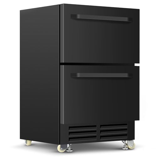 Velieta 24 Inch Under Counter Dual Drawer Beverage Fridge, Weather Proof Outdoor Beverage Refrigerator for Patio, Stainless Steel Built-in Beverage Cooler for Home & Commercial Use, Black