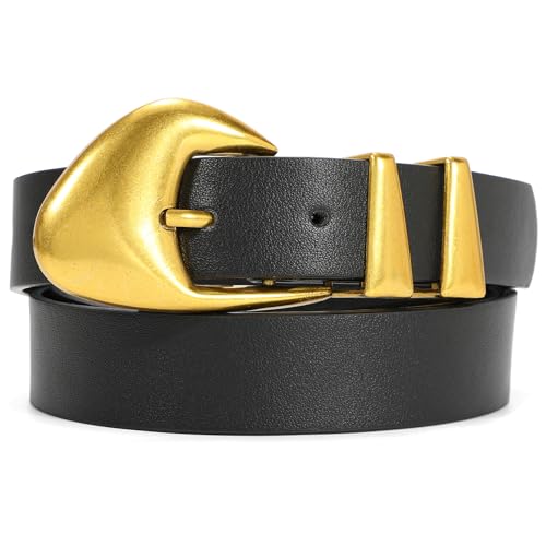 XZQTIVE Women's Leather Belts for Jeans Dress Pants Black Brown Belts for Women Ladies Waist Belts with Gold Buckle