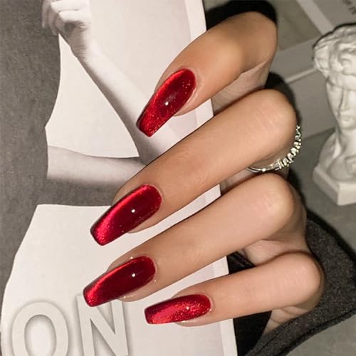 Sqaure Press on Nails Medium Glossy Acrylic Nails Summer Fake Nails Cat Eye Glitter Glue on False Nails