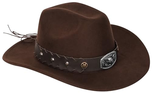 Vintage Western Cowboy Hat for Men Women - Wide Brim Cowgirl Fedora Hats with Braided Rope Band M