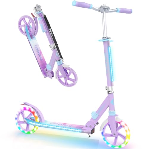 BELEEV V8 Scooters for Kids Ages 6+ with Light-Up Deck, 2 Wheel Folding Scooter for Adults Teens, 4 Adjustable Height, Lightweight Sport Commuter Scooter, Sturdy Frame, Max Load 220 lbs