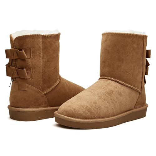 BlackTwig Women's Mid Calf Suede Winter Boots, Slip-On Snow Boots, Cozy Fur Lined, Back Bow Design