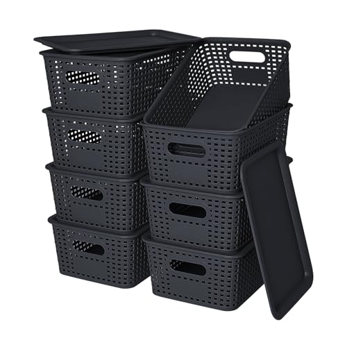 Plastic Storage Baskets with Lid - Plastic Storage Containers Stackable Storage bins: Storage Baskets for Organizing Shelves Drawers Desktop Closet Playroom Classroom Office