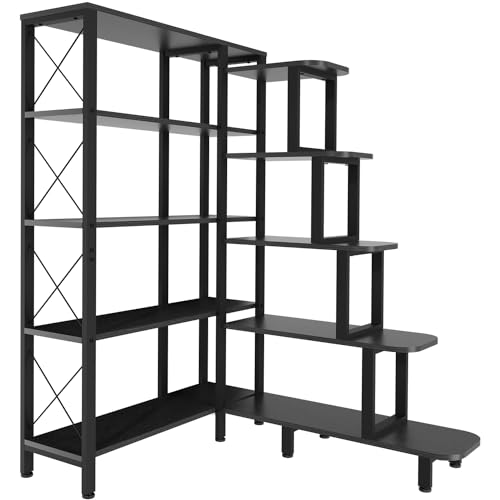 PONROL Corner Bookshelf Bookcase, Large Reversible 5 Tier Ladder Shelves Storage Display Rack with Metal Frame, Industrial Home Office Furniture for Living Room Bedroom