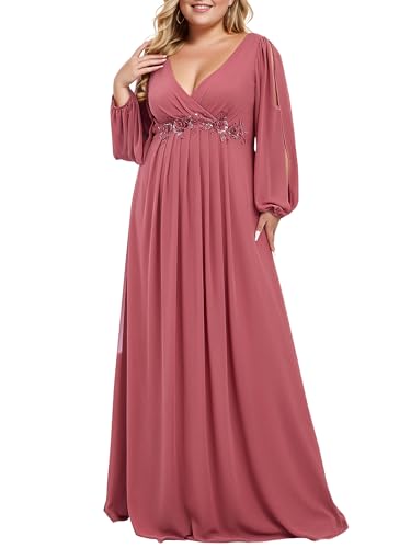 Ever-Pretty V Neck Long Sleeves Applique Chiffon Plus Size Long Ball Gown Formal Evening Dress for Women