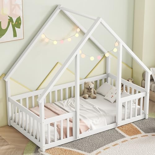 Bellemave Twin Size Montessori Floor Bed, Wood House Bed Frame, House Beds for Kids, Montessori Floor Bed with Fence, Playhouse for Kids