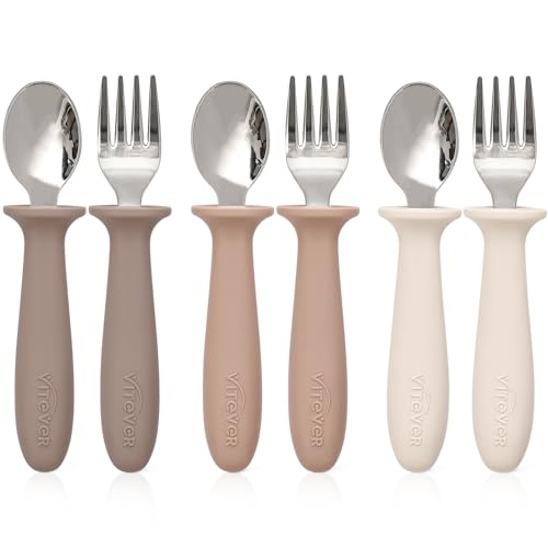 6 Pieces Toddler Utensils, Children Silverware Set with Silicone Handle, Kids Safe Spoons and Forks, Dishwasher Safe, 18/8 Stainless Steel, Food-grade Silicone，BPA Free