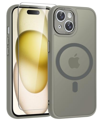 WRJ Magnetic Case for iPhone 15, [Compatible with Magsafe][Built-in Camera Protector] Translucent Matte Slim Anti-Fingerprints Shockproof Cover for Women Men