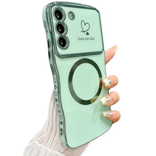 ZONRW for Samsung Galaxy Case Magnetic,Cute Luxury Love Heart Plating Wave Frame Curly Shape Phone Case Compatible with MagSafe Shockproof Back Cover