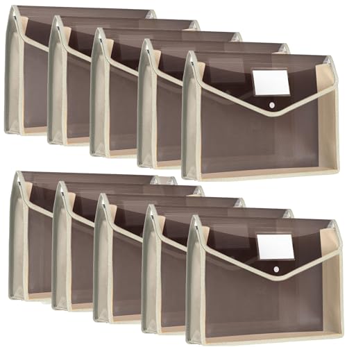10 Pieces Plastic File Folders Envelope Expanding File Wallet Organizer Documents Folder with Snap Closure and Pocket, A4 Size Waterproof Transparent Pouch