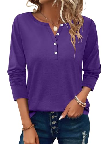 PGANDS Women's Long Sleeve Button Down T Shirts Scoop Neck Casual Tunic Tops