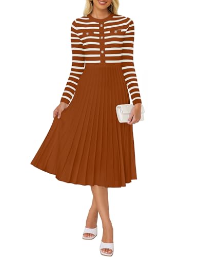 ZESICA Womens Long Sleeve Striped Midi Dresses Crewneck Button Ribbed Knit Pleated A Line Swing Sweater Dress